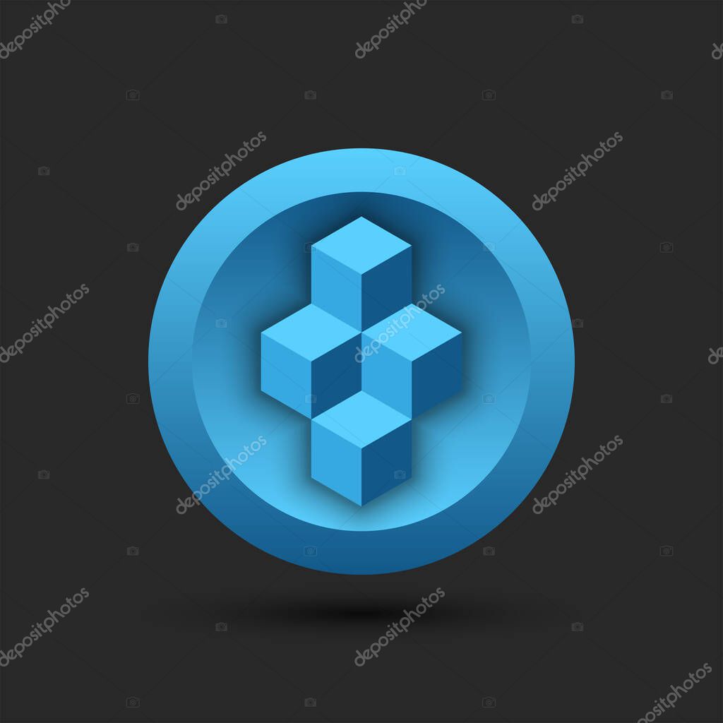 Blockchain logo for cryptocurrency on a round blue background, cubes isometric 3d geometric shape.