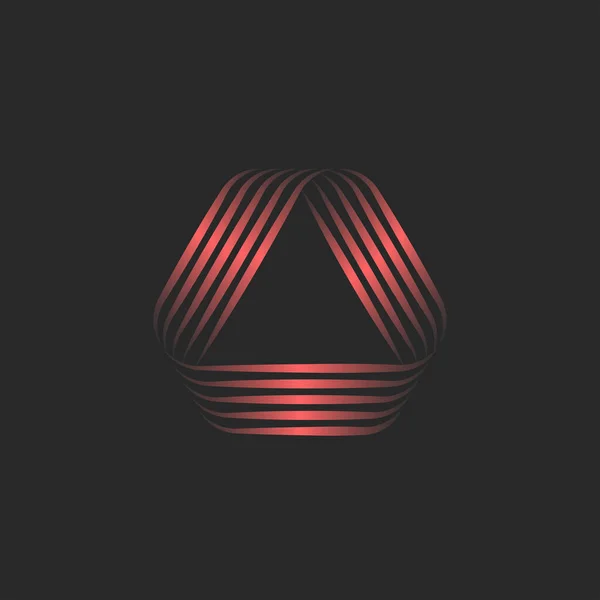 三角形のロゴ3Dまたは創造的な重複線形状 技術アイコン 細い赤のグラデーション平行線 縞模様を織る — ストックベクタ