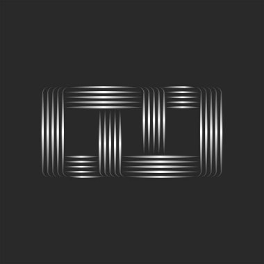 Dikdörtgen logo, birçok paralel metal çizgiler ve kesişen çizgiler, doğrusal yaratıcı sembol.