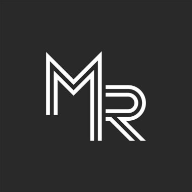 Monogram MR veya RM baş harfleri kimlik monogramı, iki harf M ve R kombinasyonu, ince çizgiler siyah ve beyaz minimal tasarım.