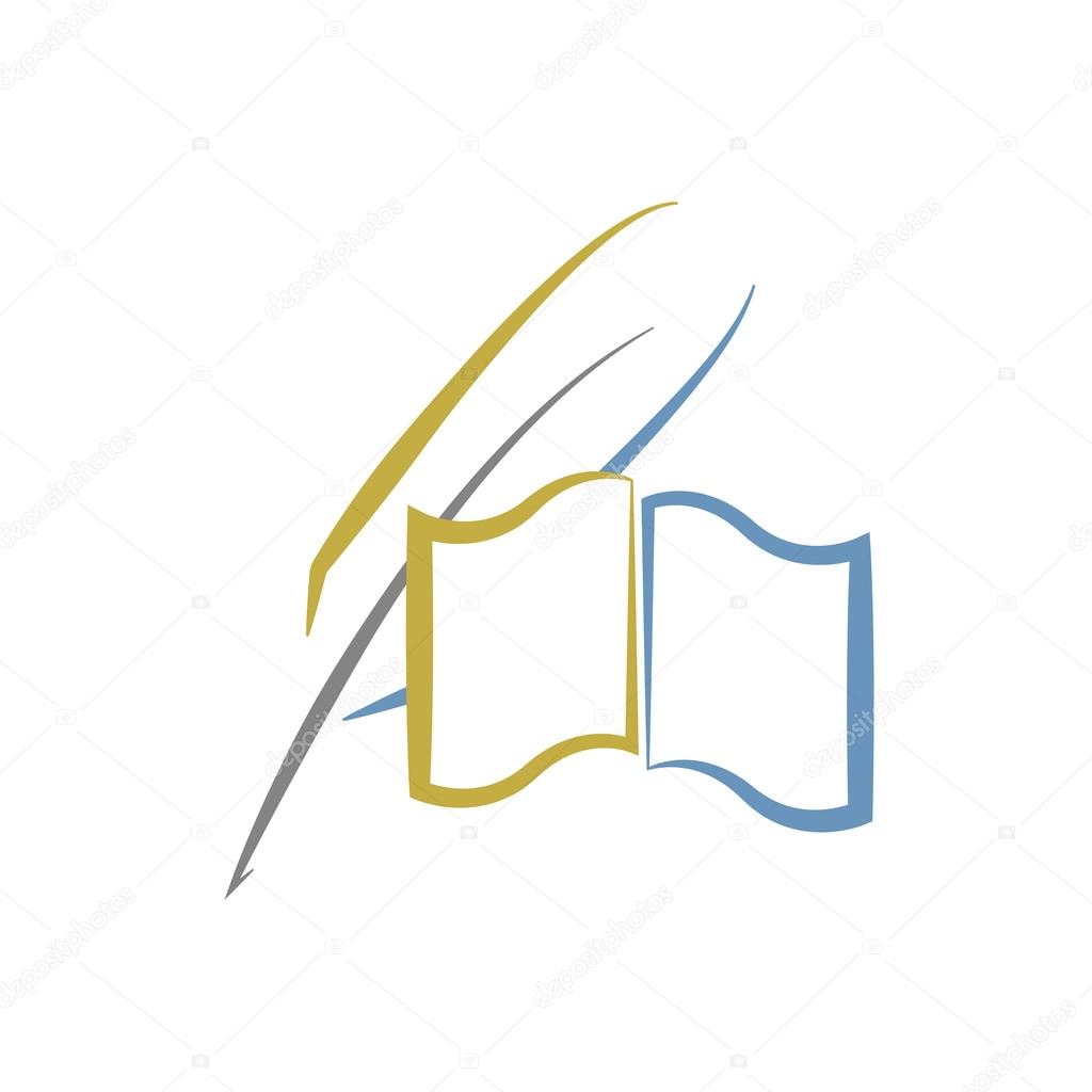 Book and feather, education or literature logo