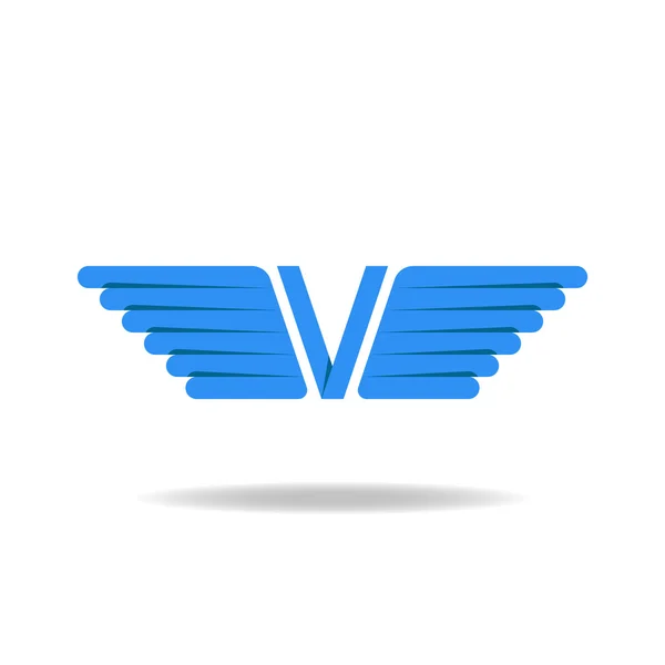 V - lettera con ali blu, idea logo, tecnica di sovrapposizione — Vettoriale Stock