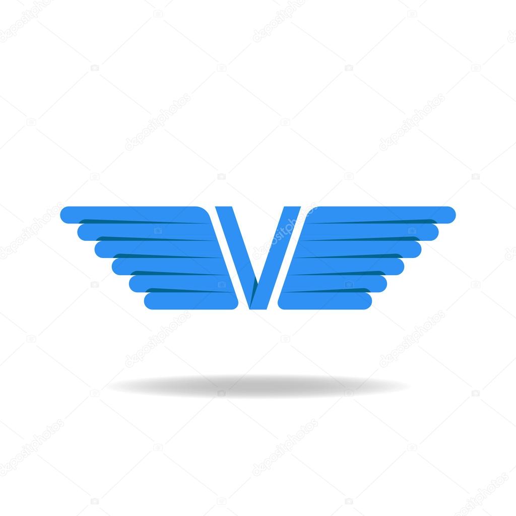 V - letter with wings, black and white background, overlapping technique