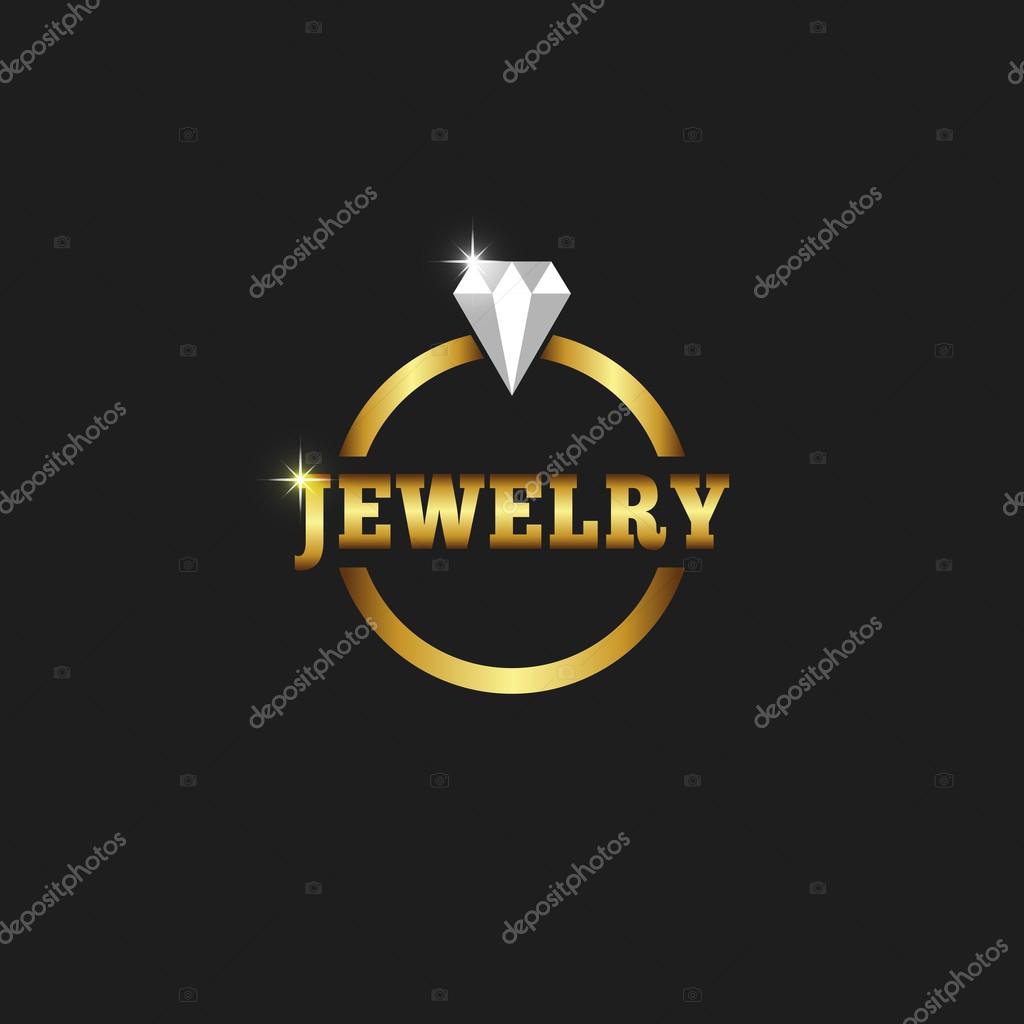 Gold ring with diamond, jewelry logo on the black background