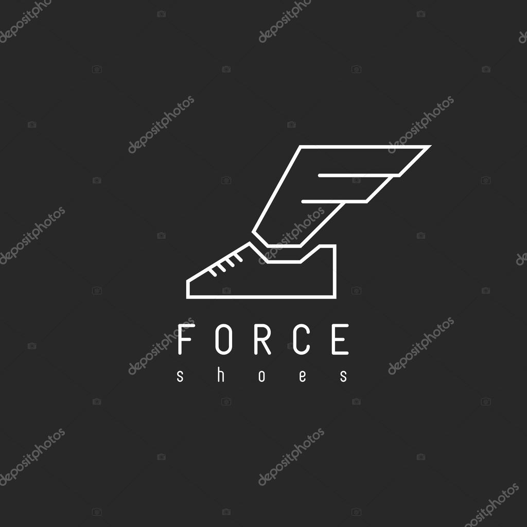 Shoes logo with wing in view letter F, mockup emblem winged sneaker