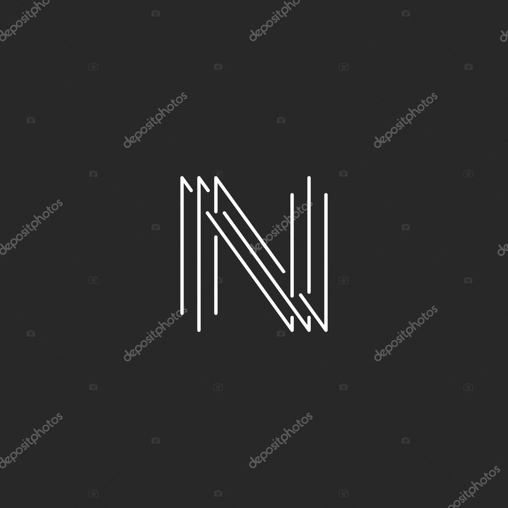 Letter N monogram logo, black and white mockup business card thin line sign