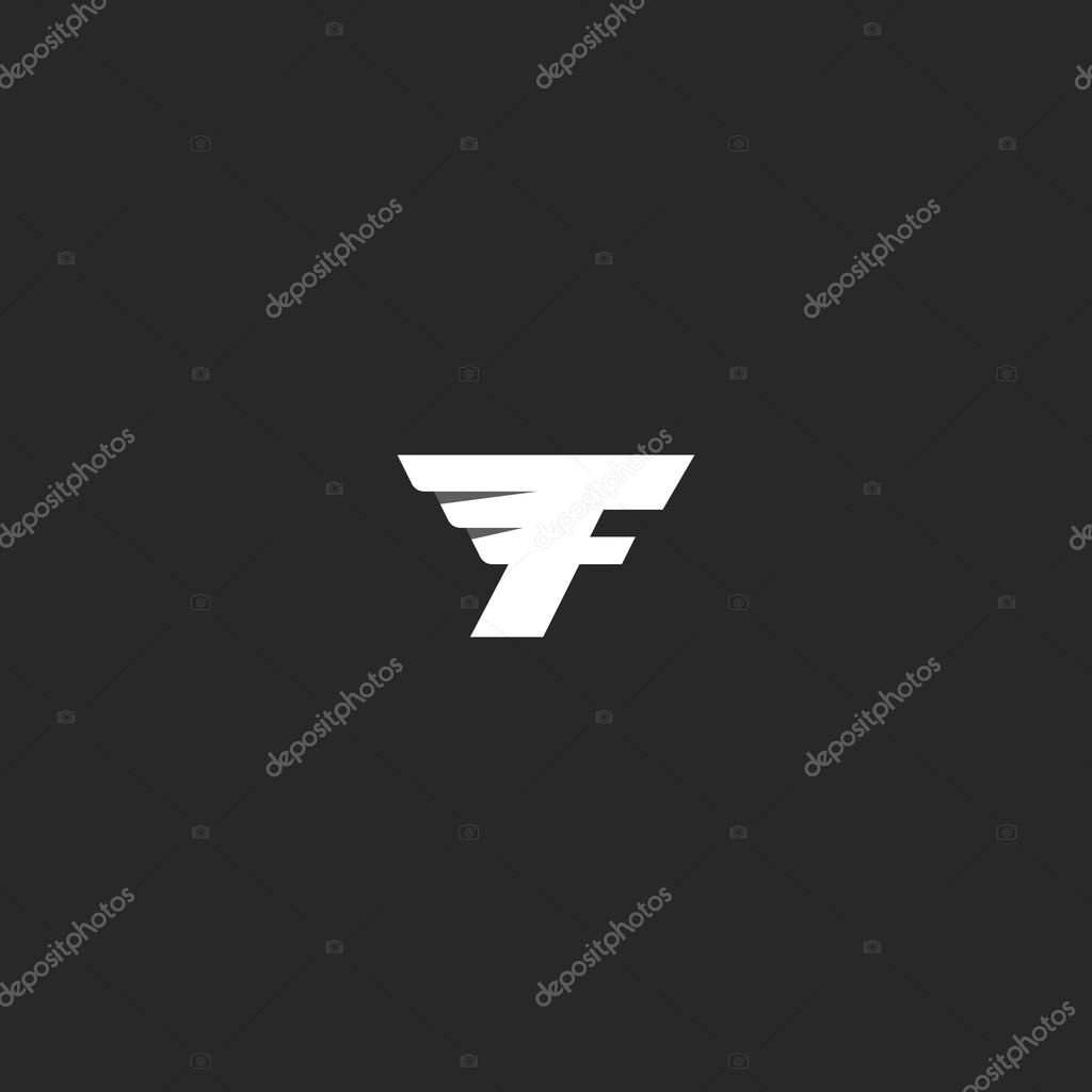 Flying letter F logo, monochrome abstract geometry shape, mockup black and white business card