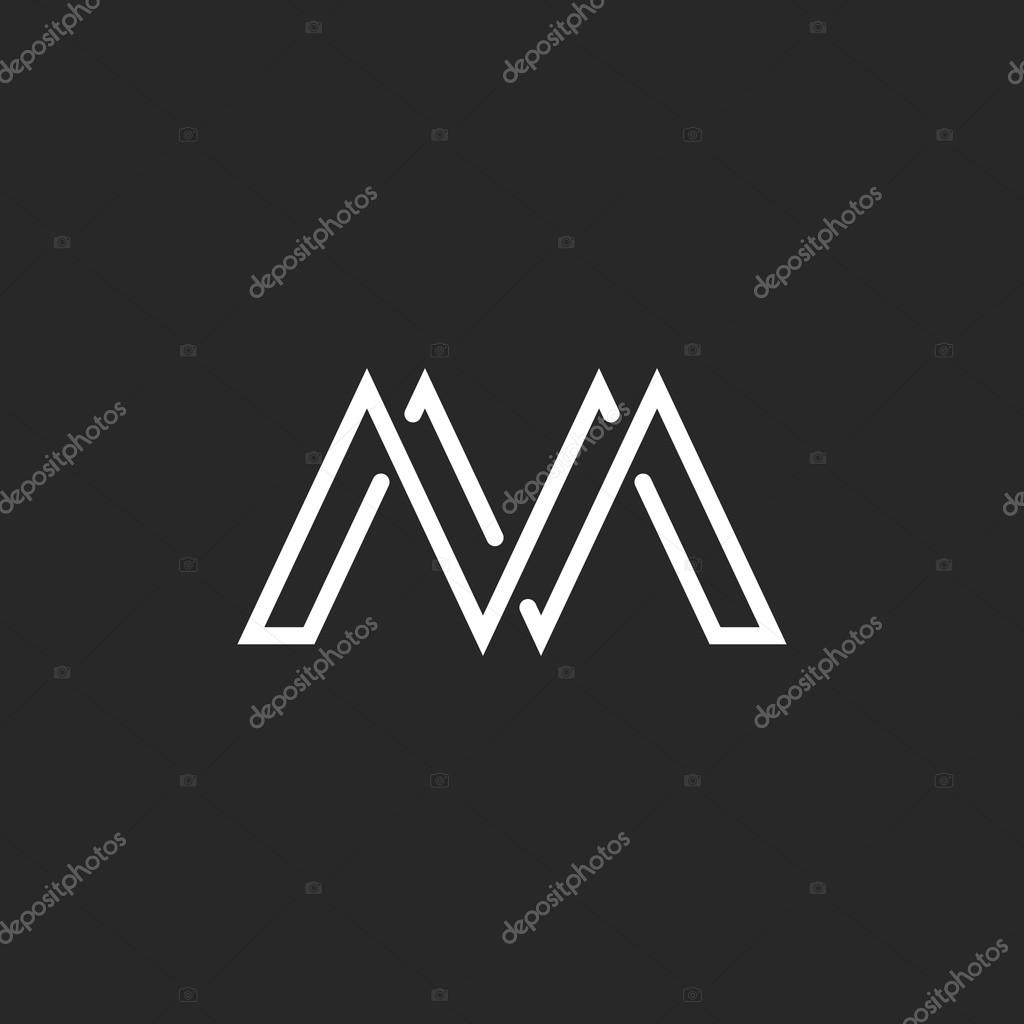 M monogram letter logo, crossing thin line, black and white mockup emblem