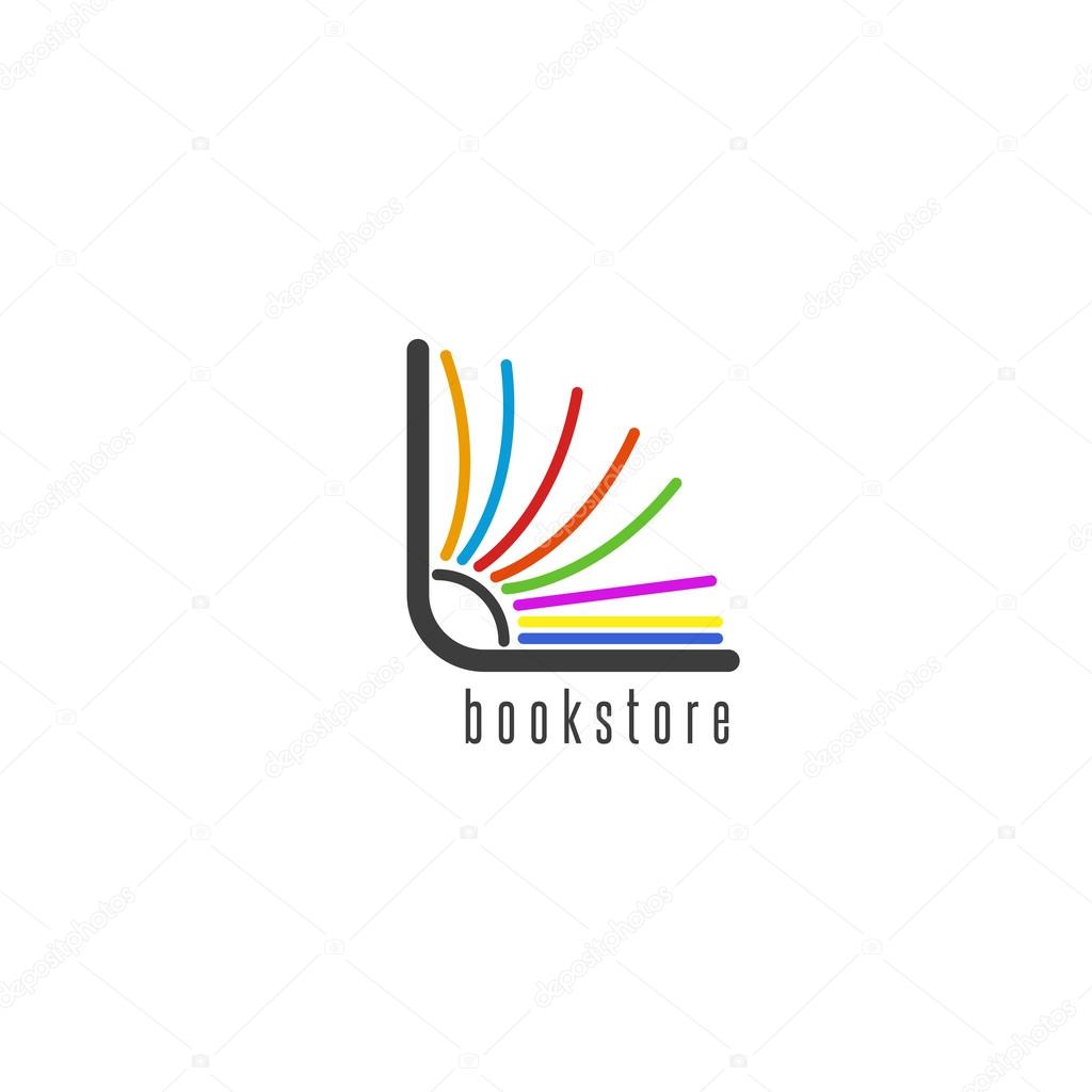 Mockup book logo, flipping colored pages of the book, emblem of the bookstore or library isolated on white background