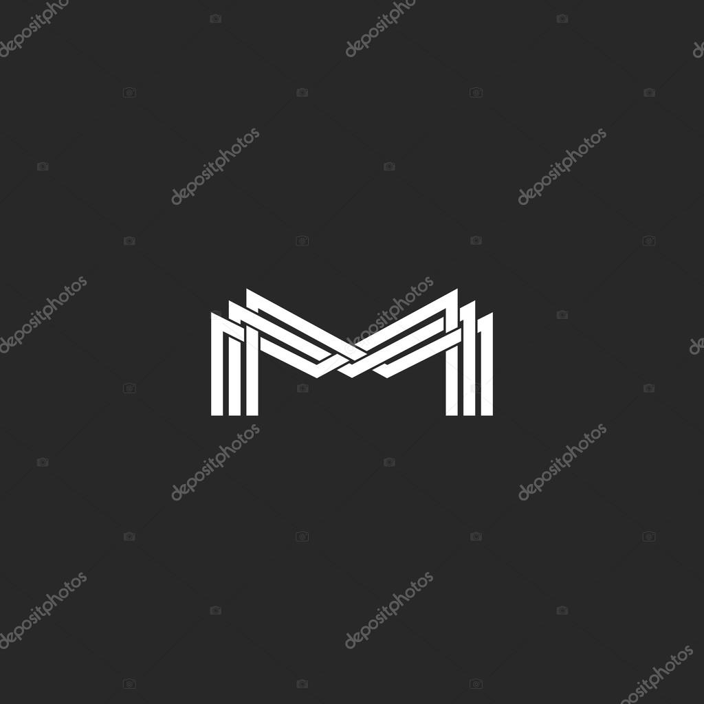 M letter monogram logo, black and white mockup business card or wedding invitation, geometric shape of three intersection thin line