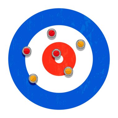 Kış sporları, 3D vektör illüstrasyonu, kış oyunu yarışması, curling takımı stratejisi için 6 kırmızı ve sarı granit taşlı kıvrımlı hedef ev..