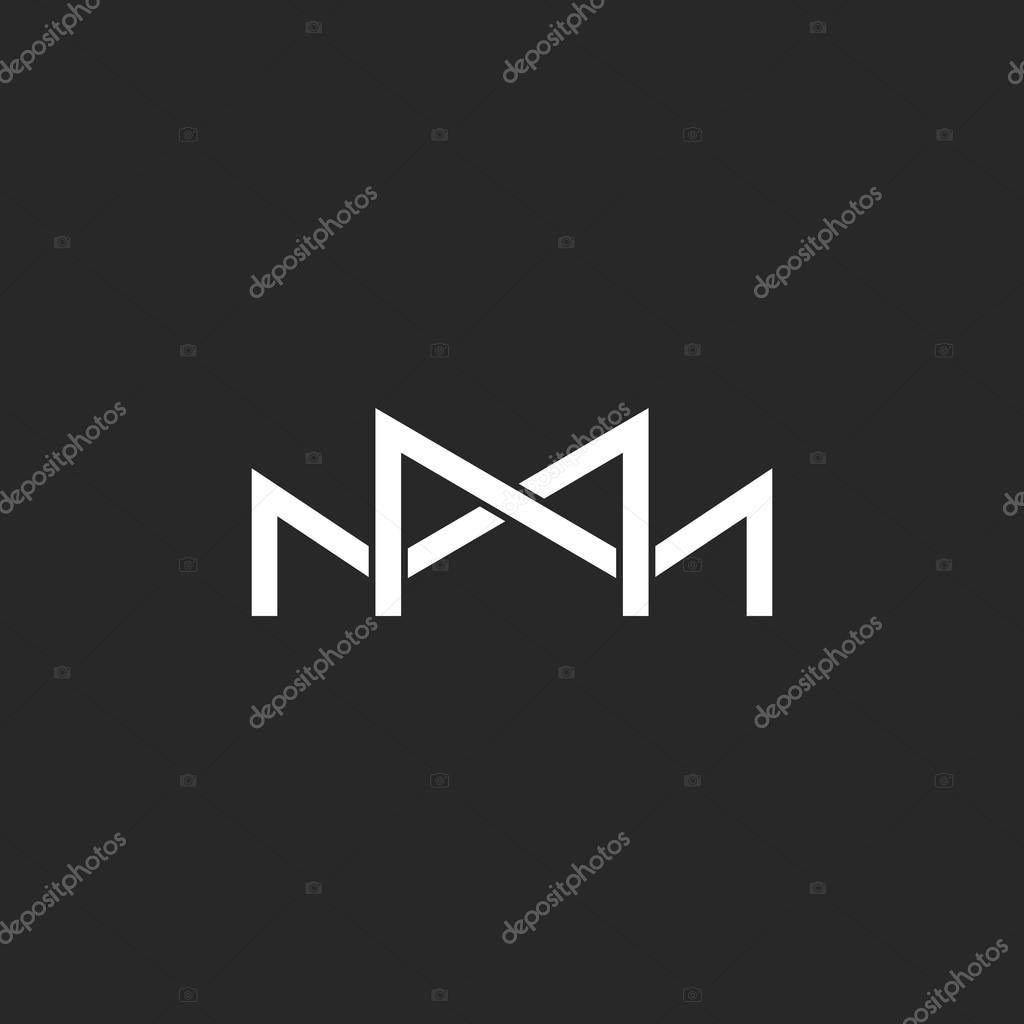 M logo monogram, two or three overlapping thin line letters, black and white mockup wedding invitation emblem