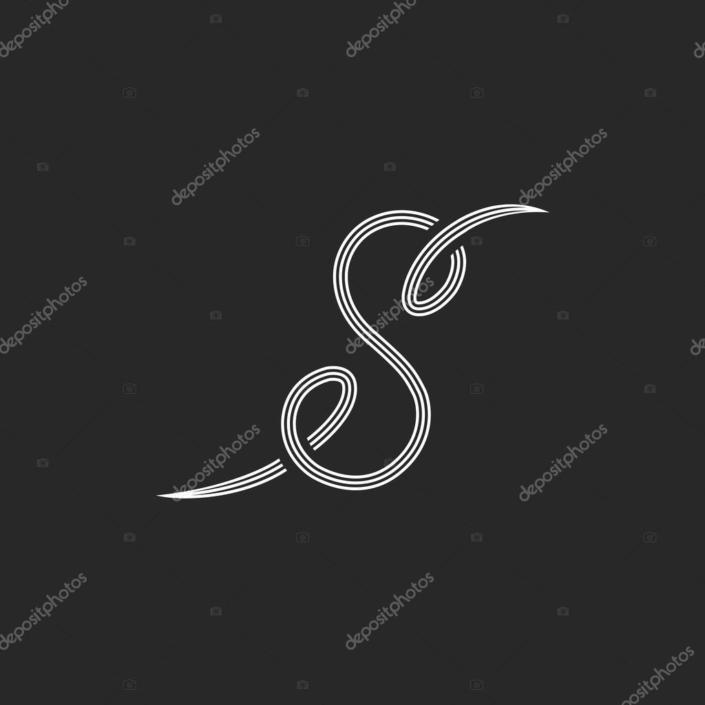 Calligraphic letter S logo monogram, black and white mockup design element for wedding invitation or business card