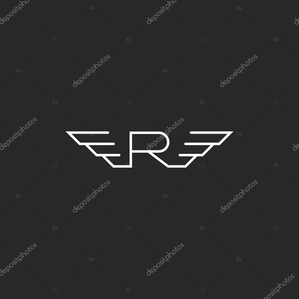 Monogram letter R logo wings, flying abstract business card emblem, fast decorative design element