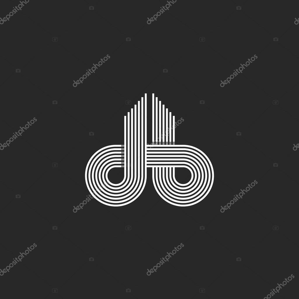Letters logo DB monogram, offset line overlapping style, mockup emblem business card, black and white design element initials intersection path