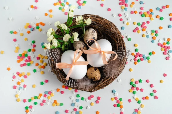 Happy Easter Postcard Easter Eggs Ribbons Nest — Stock Photo, Image