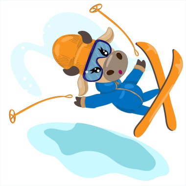 Yeni yıl ineği kayak yapıyor. Komik kartpostal Mutlu Noeller. Kış tulumlu komik inek. Pijama, tişört, sweatshirt, not defteri baskısı
