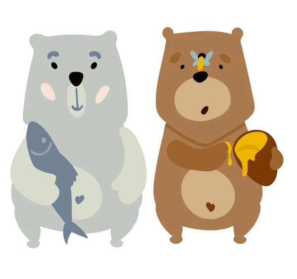 Urso Castanho Come Mel Urso Polar Pescado Clipart Ilustração Vetorial —  Vetores de Stock