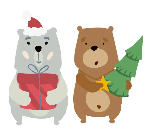 Oso Pardo Sostiene Árbol Navidad Oso Polar Con Regalo Tarjeta — Vector de stock