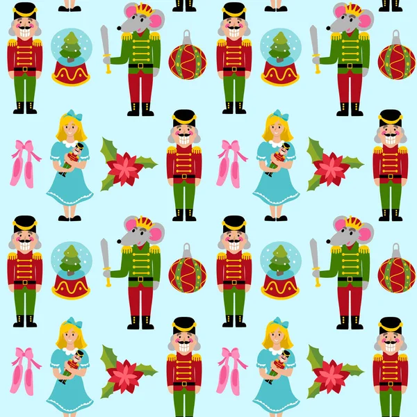 Kusursuz desenli fındıkkıran, fare kralı ve Noel oyuncakları. Noel ağacındaki toplar, tahta at, hediyeler, Noel ağacı ve davul. Vektör illüstrasyonunu ayarla Yeni Yıl koleksiyonu baskısı