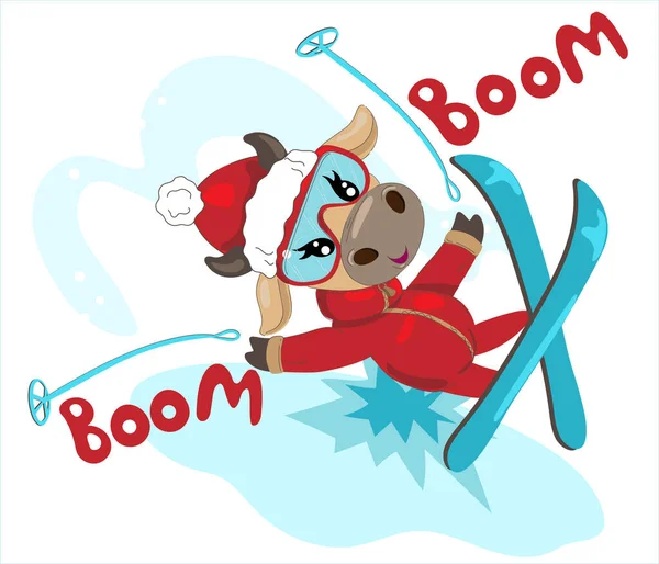 새해에는 스키를 탑니다 크리스마스에 엽서를 겨울에는 야행성이다 파자마 인쇄용 티셔츠 — 스톡 벡터