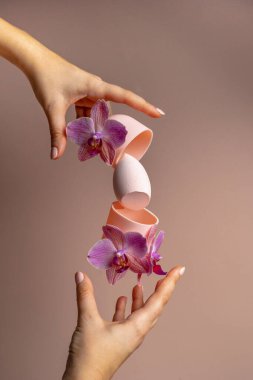 Uçan güzellik mikseri, bir orkide havalanması, genç bir kadının elleri. Moda tarzı yükselme. Rengin tek renkli pembe tonları. Makyaj için sünger ve bulundu