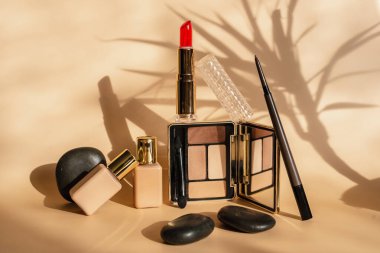 Makyaj malzemesi bej tonlarında. Kırmızı ruj, göz farı, kaş kalemi, temel. Bej arka planda bir bitkinin gölgesi. Moda Kozmetikleri .