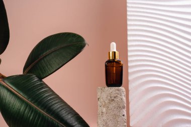 Esans şişesi pedistalde. Beyaz arka planda losyon. Cilt sağlığı için kozmetik. Aromo Petrol. C vitamini serumları, Unisex kozmetik ürünleri. Model. 