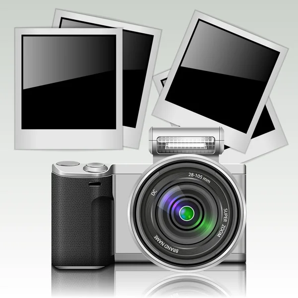 Cámara fotográfica realista y lente flash con marcos de fotos. ilustraciones vectoriales — Vector de stock