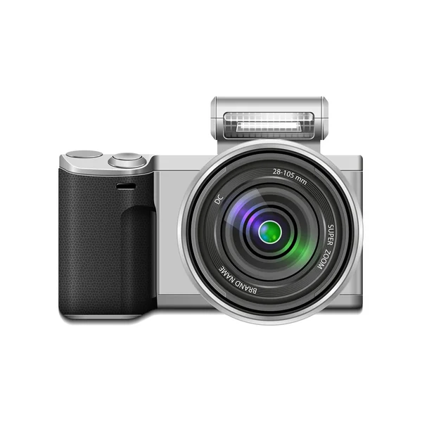 Câmera fotográfica realista e lente flash isolada no fundo branco. ilustrações vetoriais — Vetor de Stock