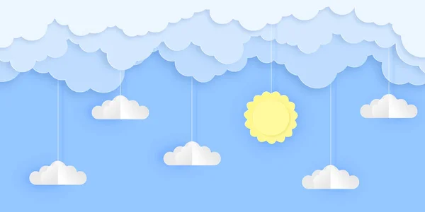 Hermoso Cielo Azul Con Nubes Esponjosas Sol Tarjeta Felicitación Fondo — Vector de stock