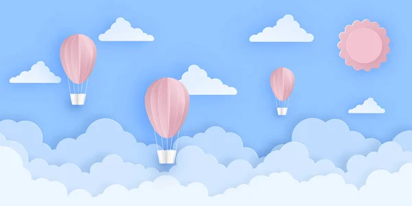 Rosa Hermosos Globos Aire Caliente Volando Sobre Nubes Esponjosas Cielo — Vector de stock