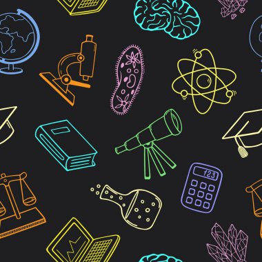 Bilim ve eğitim. Karalama biçiminde vektör el çizilmiş elementlerin kusursuz deseni.