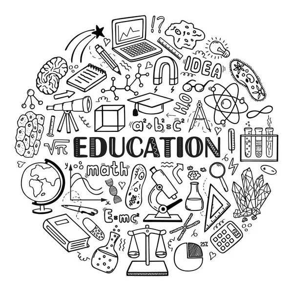 Educación Ciencia Concepto Redondo Vector Elementos Dibujados Mano — Vector de stock