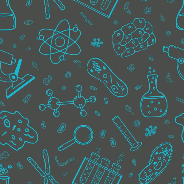 化学と生物学 ドードルスタイルのベクトルハンド描画要素のシームレスなパターン — ストックベクタ
