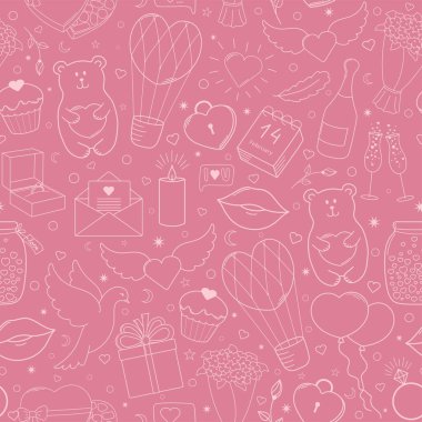 Sevgililer Günün kutlu olsun. Vektör el çizilmiş elementlerin tuhaf, pürüzsüz deseni, pembe ve bej.