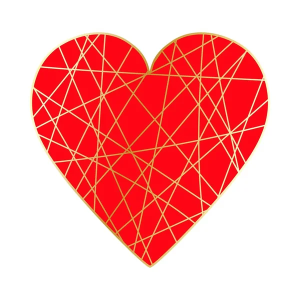 Днем Святого Валентина Велике Червоне Серце Хаотичними Золотими Лініями — стоковий вектор