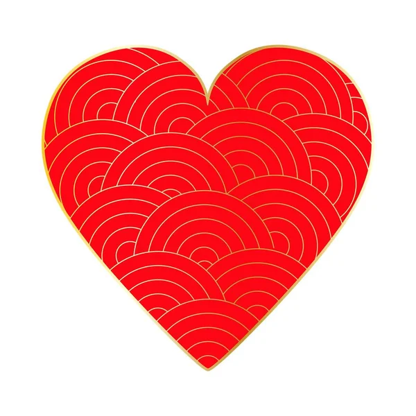 Fijne Valentijnsdag Groot Rood Hart Met Gouden Golven Patroon — Stockvector