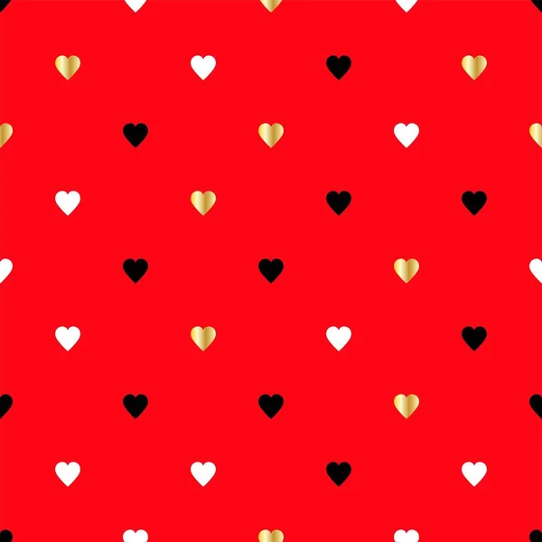 Happy Valentine Day Seamless Pattern Gold Black White Hearts Red — Stock Vector