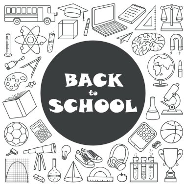 Okula karalama tarzında el çizimi elementlerle geri dönüyoruz. Beyaz arkaplanda vektör çizimi. Kart, pankart, arkaplan, broşür için tasarım.