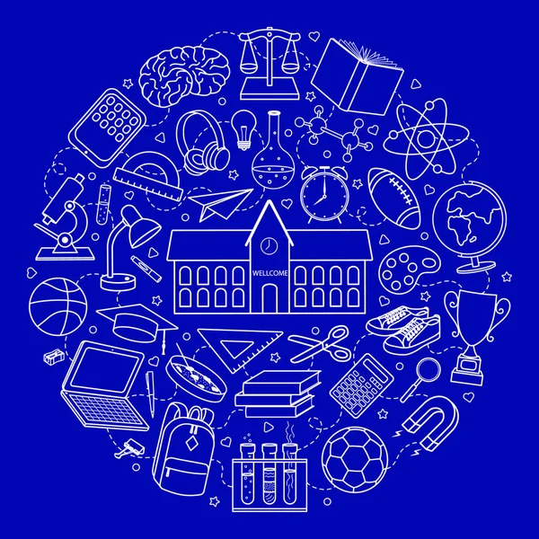 手書きの学校用品のセット 学校のラウンドの概念に戻る 落書きスタイルのベクトルイラスト 青い背景の白い要素 — ストックベクタ