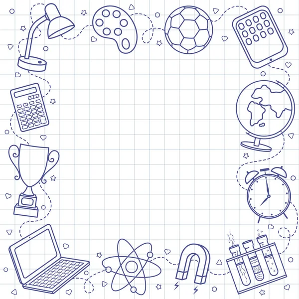 Onderwijs School Hand Getekend Doodle Elementen Vierkante Frame Samenstelling Vectorillustratie — Stockvector