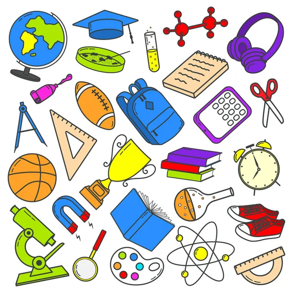 Terug Naar School Set Van Kleurrijke Handgetekende Schoolelementen Vector Illustratie — Stockvector