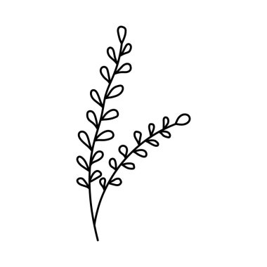 Yapraklı dal. Doodle vektör çizimi. El çizimi tek element beyaz arkaplanda izole edildi. Tebrik kartları, posterler, çıkartmalar ve mevsimlik tasarımlar için.