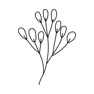 Yapraklı dal. Doodle vektör çizimi. El çizimi tek element beyaz arkaplanda izole edildi. Tebrik kartları, posterler, çıkartmalar ve mevsimlik tasarımlar için.