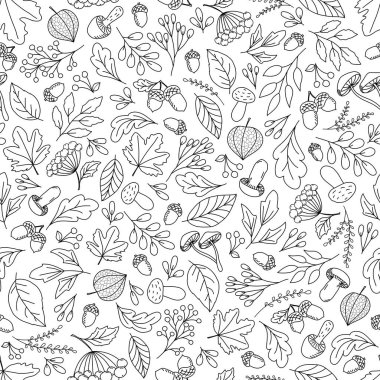Tatlı sonbahar bitkileri karalama tarzında kusursuz desenler. Siyah ve beyaz vektör baskısı.