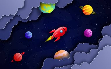 Kağıt kesim tarzında bir uzay kartı. Roket uzayda bulutların, yıldızların ve gezegenlerin arasında uçar.. 