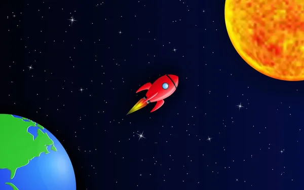 Cohete Volando Espacio Galáctico Estrellado Tierra Sol — Vector de stock