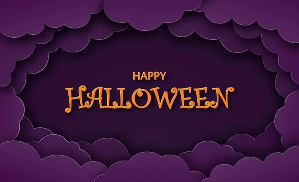 Feliz Halloween Papel Corte Estilo Fondo Texto Naranja Cielo Nocturno — Vector de stock