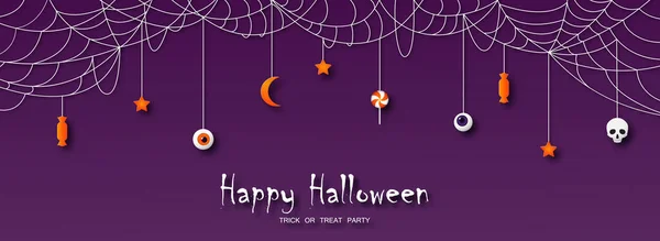 Feliz Tarjeta Felicitación Halloween Estilo Corte Papel Caramelo Cráneo Estrellas — Vector de stock